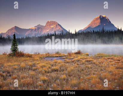 Picco di idromassaggio e Mt. Fyatt da Fratt stagni, Jasper National Park, Alberta, Canada Foto Stock