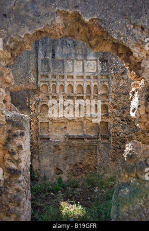 Il Kenya, l'arcipelago di Lamu, Pate isola. I ruderi di una vecchia casa sulla Pate isola. Le nicchie intagliati sono chiamati zidaka. Foto Stock