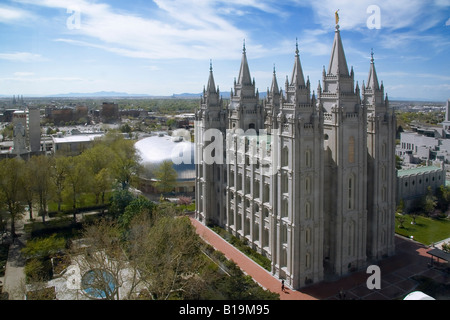 Vista aerea della storica Mormon Temple Square nel centro cittadino di Salt Lake City UT Foto Stock