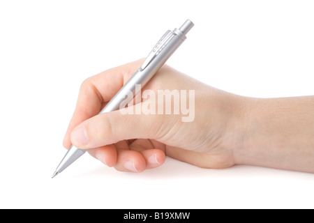 La scrittura a mano con una penna in uno sfondo bianco Foto Stock