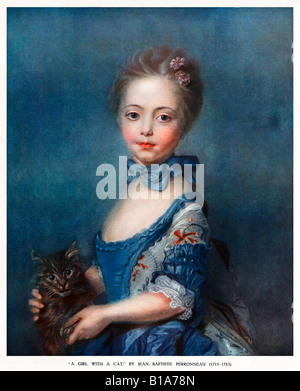 Ragazza con gatto del XVIII secolo la pittura da artista francese Jean Baptiste Perronneau della ragazza in un abito blu e il suo animale domestico Foto Stock