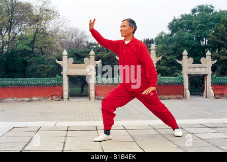 Uomo maturo esecuzione di arti marziali al sito storico Foto Stock