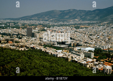 Vista da sopra, panoramica, case, case, zona residenziale, Atene, Attica, Grecia, Europa Foto Stock