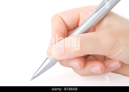 La scrittura a mano con una penna in uno sfondo bianco Foto Stock