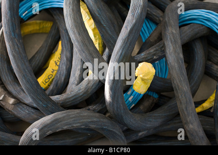 Cavi dati essendo unstalled in un ufficio moderno sono coperti in carbone-guaine colorate per facilitarne la manipolazione. Foto Stock