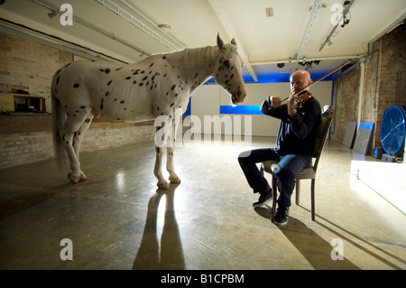 L'uomo serenate a cavallo con il violino nel teatro come parte del Festival di Brighton Foto Stock