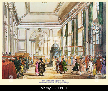 La Banca di Inghilterra 1807 in Threadneedle Street dal microcosmo di Londra da Rowlandson e Pugin Foto Stock