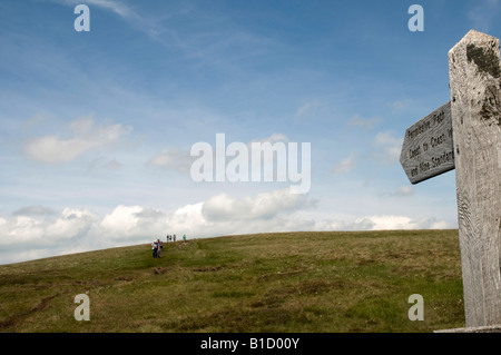 Cartello a 1500 piedi su coast to coast path, nr Keld, Swaledale, Yorkshire Dales, nell Inghilterra del Nord Foto Stock