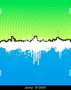 Illustrazione vettoriale di un paesaggio urbano grunge sfondo con antenna di trasmettitore di onde di frequenza la trasmissione di musica Foto Stock
