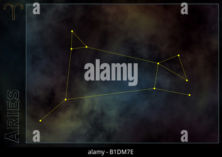 Zodiac - Aries costellazione, con il segno e il nome di Zodiac. Spazio contro lo sfondo di Galaxy Foto Stock