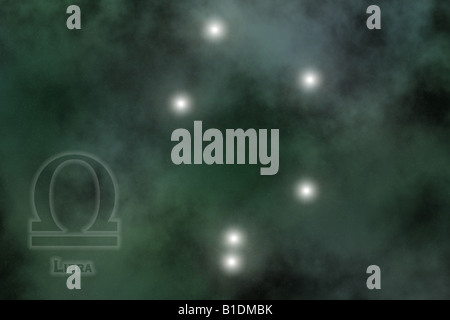 Zodiac - Costellazione di Libra, con il segno e il nome di Zodiac. Spazio contro lo sfondo di Galaxy Foto Stock