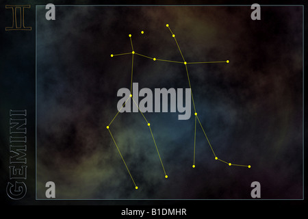 Zodiac - Costellazione di Gemini, con il segno e il nome di Zodiac. Spazio contro lo sfondo di Galaxy Foto Stock