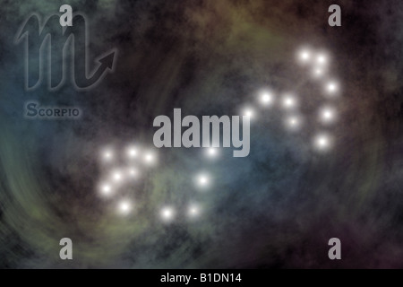 Zodiac - costellazione dello Scorpione, con il segno e il nome di Zodiac. Spazio contro lo sfondo di Galaxy Foto Stock