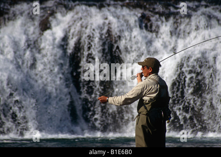 Uomo di pesca a mosca di fronte a cascata fiume Huemules Cile Foto Stock