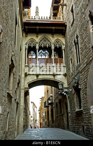 Un ponte medievale sul Carrer del Bisbe nel Barri Goti, Barcellona Foto Stock