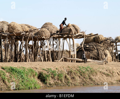 Una donna Dassanech prende la granella dalla sua famiglia di grain store situato su una banca del fiume Omo nel sud-ovest dell Etiopia. Foto Stock