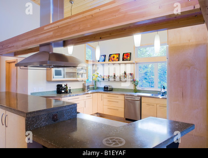 Cucina a vista di un residence contemporaneo con oggetti in legno, Anchorage in Alaska. Foto Stock