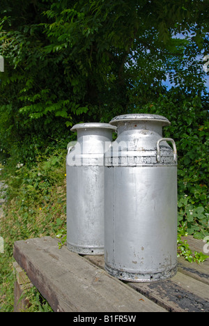 Due bidoni per il latte dal ciglio della strada vicino a Honiton in devon Foto Stock
