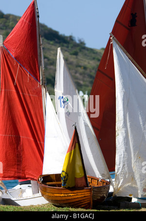 Una barca a remi truccate dinghy si siede sul prato di English Harbour circondato da vele durante il 2008 Antigua Classic Yacht Regatta Foto Stock