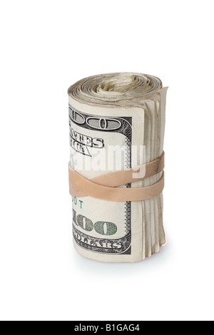 Rotolo di fatture del dollaro intaglio su sfondo bianco Foto Stock