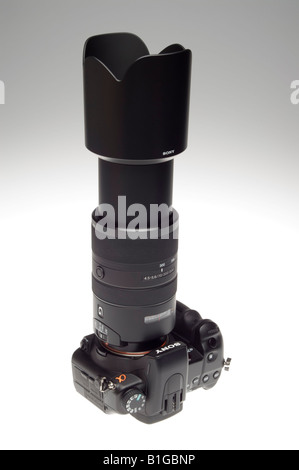 Lungo teleobiettivo con zoom sulla fotocamera composizione verticale in studio Sony Alpha Foto Stock