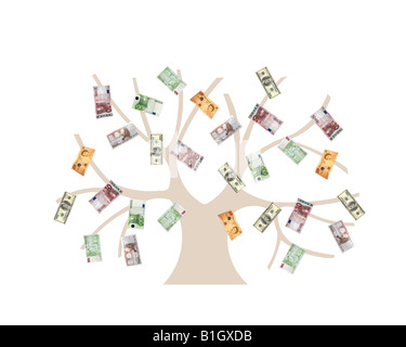 Money Tree. Struttura concettuale illustrazione con diverse valute: dollari, Euro, Sterlina britannica Foto Stock