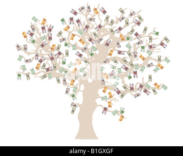 Money Tree. Struttura concettuale illustrazione con diverse valute: dollari, Euro, Sterlina britannica Foto Stock
