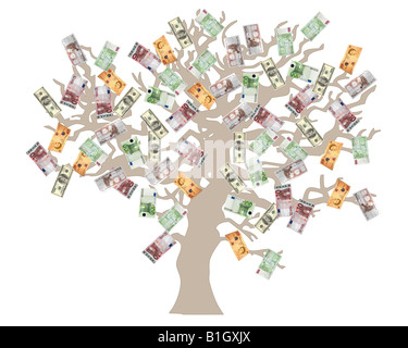 Money Tree. Struttura concettuale illustrazione con diverse valute: dollari, Euro, Sterlina britannica Foto Stock