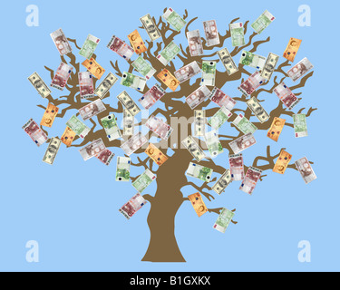 Money Tree. Struttura concettuale illustrazione con diverse valute: dollari, Euro, Sterlina britannica Foto Stock