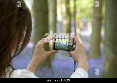 Giovane donna di scattare una foto delle Bluebells Foto Stock