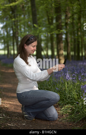 Giovane donna di scattare una foto delle Bluebells sul telefono cellulare Foto Stock