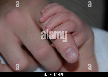 Un bambino tiene una mano del padre. Foto Stock