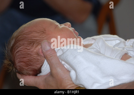 Un neonato nelle mani di suo nonno. Foto Stock