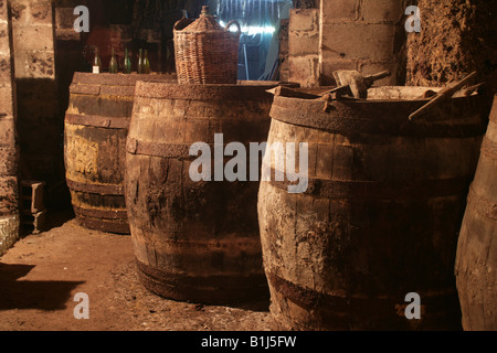 Vecchie botti di vino grotte Dupres Touraine nella Valle della Loira in Francia Foto Stock