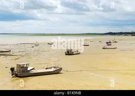 Barche da pesca sul fondo dell'oceano con la bassa marea a Cancale Bretagna Francia Foto Stock