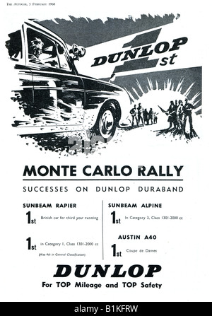 1960 pubblicità per pneumatici Dunlop Tires il successo nel 1960 Rally di Monte Carlo Rallye per solo uso editoriale Foto Stock