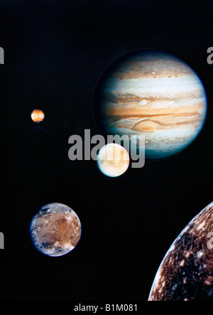 Giove e le sue lune Io, Europa, Ganimede e Callisto - Composite Foto di Voyager ho Foto Stock