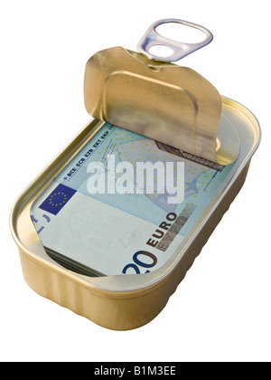 Anello di sicurezza a strappo stagno contenente 20 euro note su sfondo bianco - concetto Foto Stock