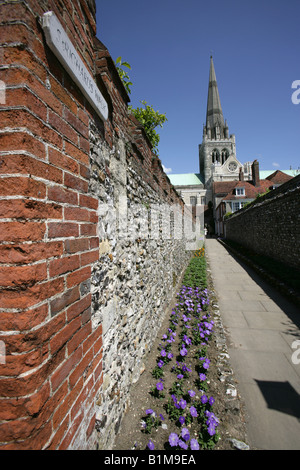 Città di Chichester, Inghilterra. Saint Richard a piedi con la Cattedrale della Santa Trinità di Chichester in background. Foto Stock