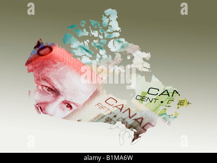 Montaggio di valuta canadese sulla mappa del Canada Foto Stock