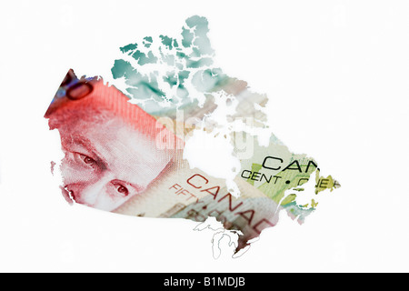 Montaggio di valuta canadese sulla mappa del Canada Foto Stock