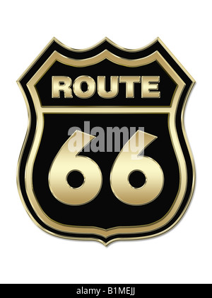 Route 66 segno, isolata contro uno sfondo bianco. Lo stile d'oro Foto Stock