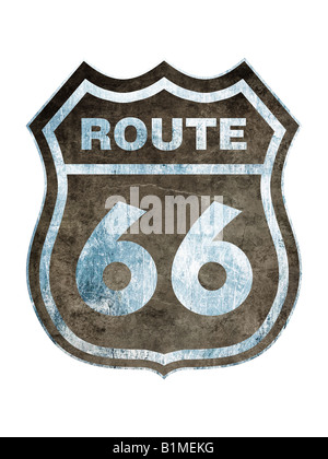 Route 66 segno, isolata contro uno sfondo bianco. Vecchie e arrugginite style Foto Stock