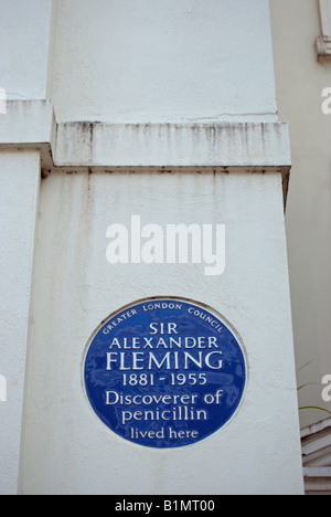 Targa blu segnando un ex casa di Sir Alexander Fleming, scopritore della penicillina, in danvers street, a Chelsea, Londra Foto Stock