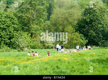 Per coloro che godono di una giornata soleggiata lungo il fiume Avon a Claverton, Bath Regno Unito Foto Stock