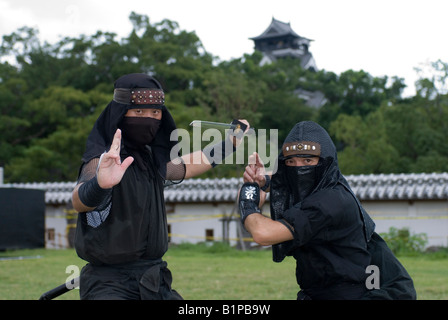 Due ninja strike una posa di attacco sui motivi del Castello di Kumamoto nel Kyushu. Foto Stock