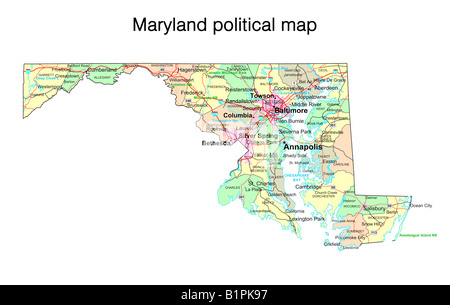Stato del Maryland mappa politico Foto Stock