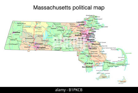 Dello stato del Massachusetts mappa politico Foto Stock