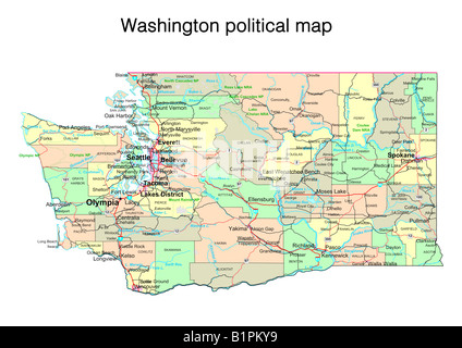 Stato di Washington mappa politico Foto Stock