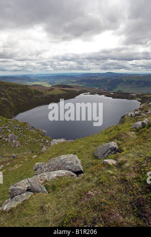 Loch Brandy, Angus, Scozia, visto dalla collina verde che si affaccia su loch con Glen Clova e Glen Prosen in background Foto Stock